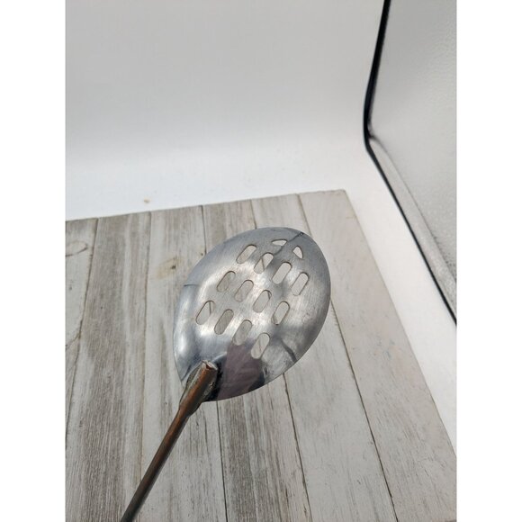 Vintage Chromium Plated Slotted Serving Spoon 12" Wood Handle - Picture 5 of 7